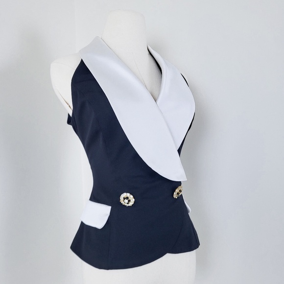 90's Waistcoat Black & White formal double breasted lapel V-neck plunge neckline - Picture 9 of 16